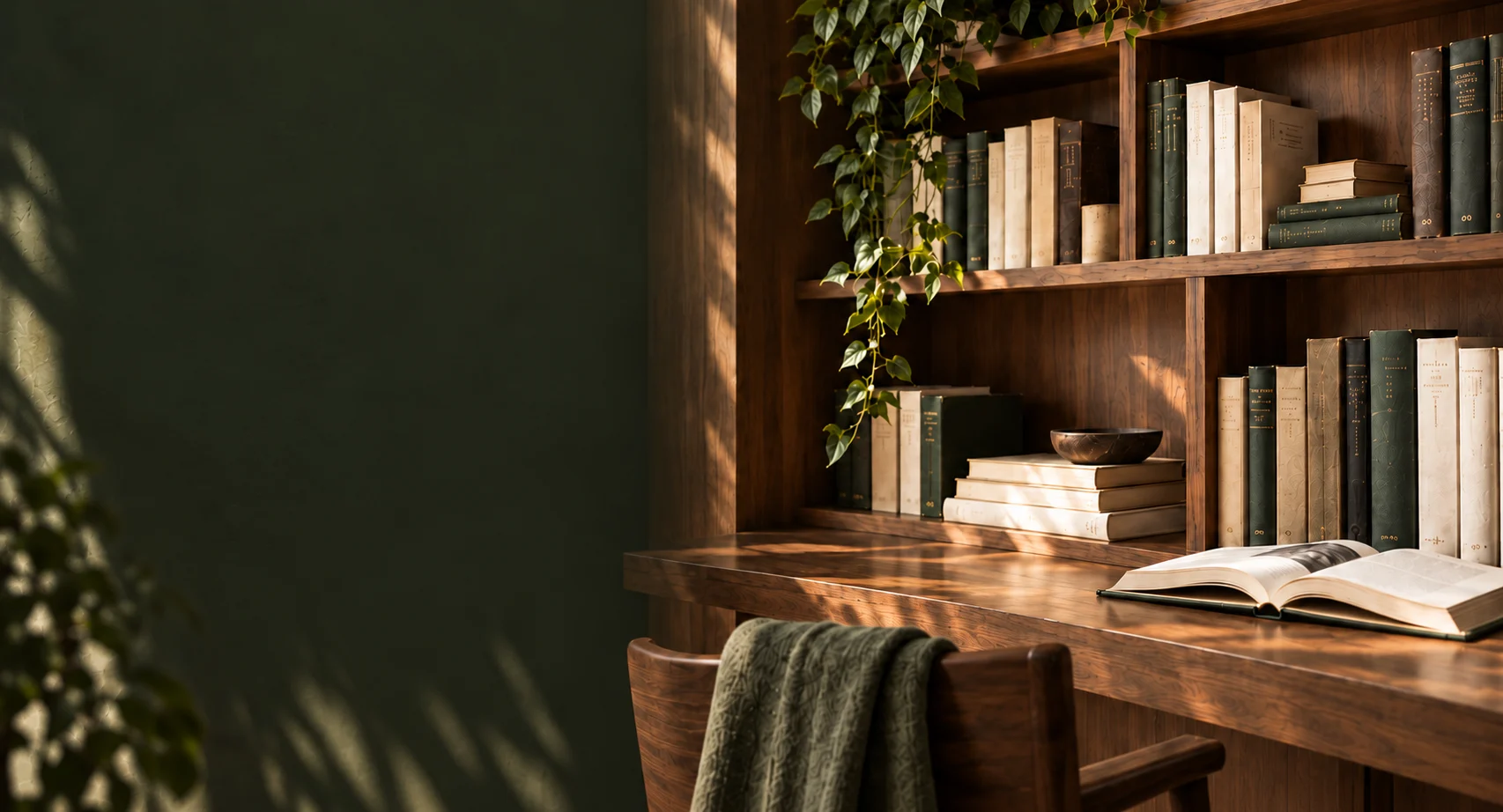 Bibliotecă din nuc într-un birou cu perete verde